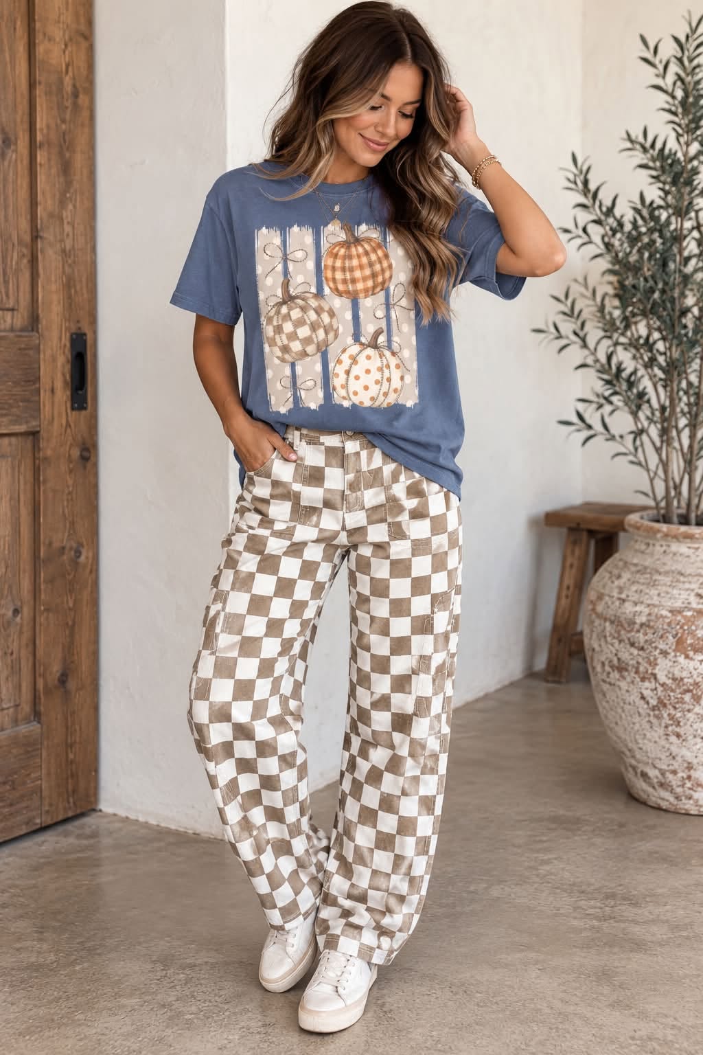 Checkered Barrel Jeans (IN:1220)