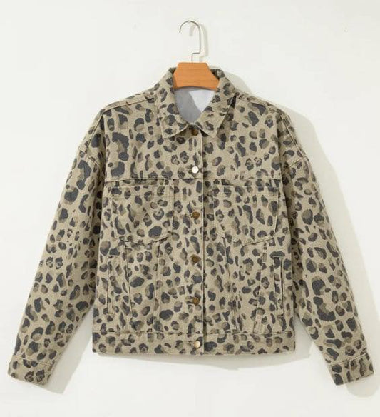 LEOPARD BUTTON DOWN DENIM JACKET
