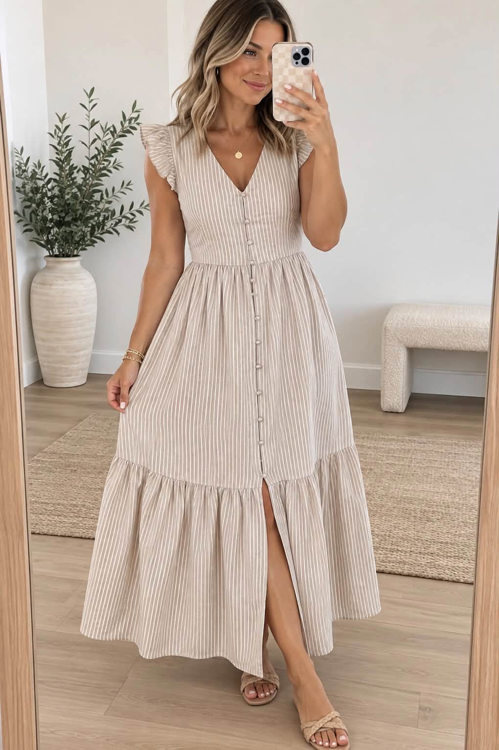 Khaki Striped Button Down Dress (IN:1204)