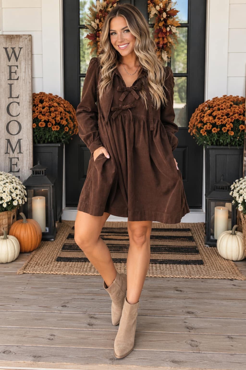 Corduroy Bow Knot Dress (IN:1207)