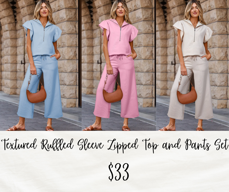 *FOUR COLORS* Textured Ruffled Sleeve Zipped Top and Pants Set