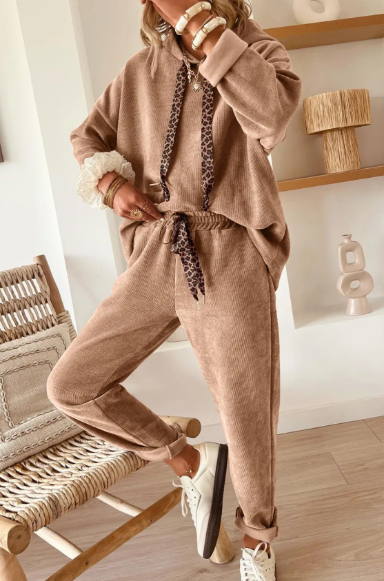 THREE COLORS: Corduroy Drawstring Hooded Jacket with Pants (Set)