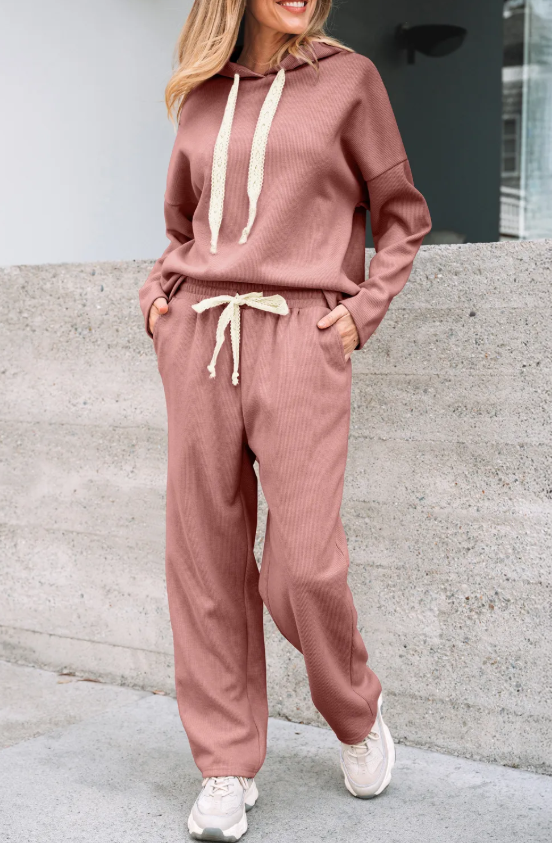 THREE COLORS: Corduroy Drawstring Hooded Jacket with Pants (Set)