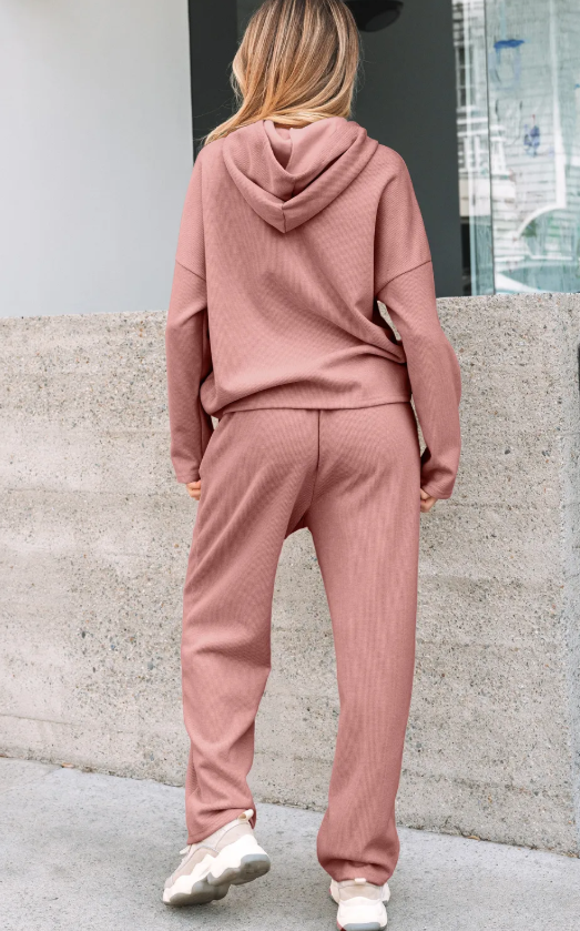 THREE COLORS: Corduroy Drawstring Hooded Jacket with Pants (Set)