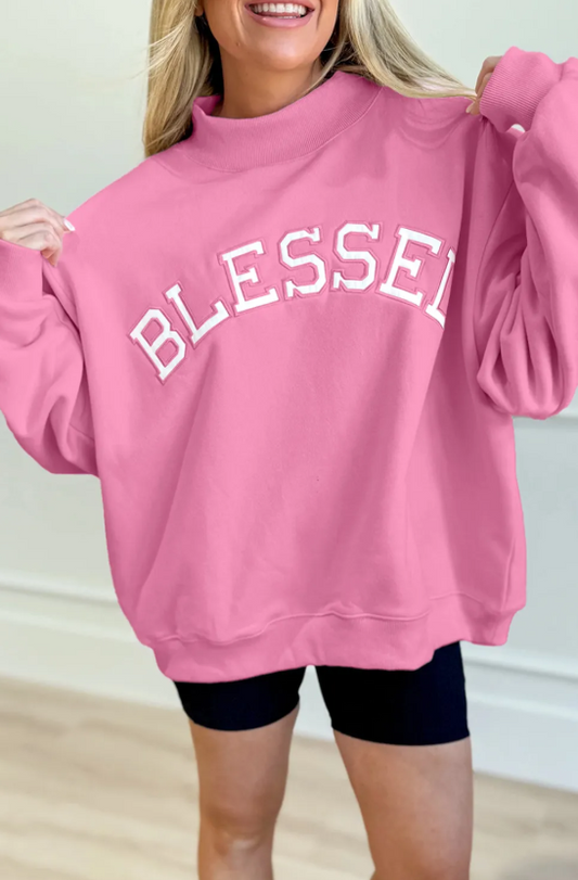 *TWO COLORS* Blessed Embroidered Mock Neck Sweatshirt