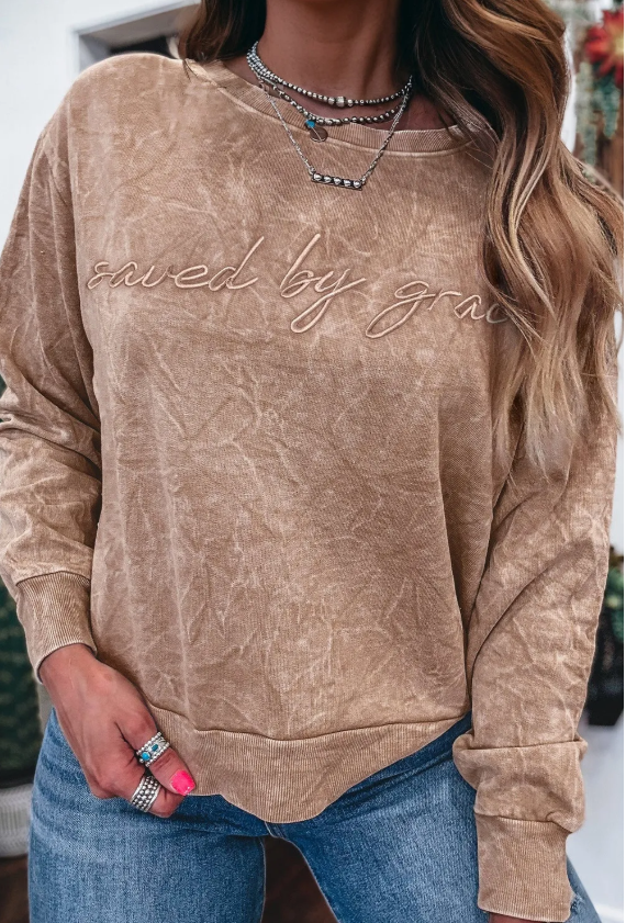 Saved by Grace Embroidered Mineral Wash Loose Sweatshirt