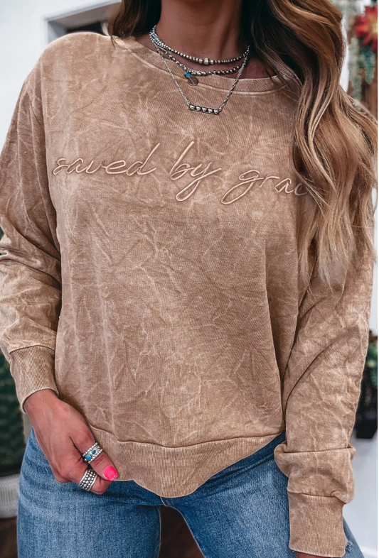 Saved by Grace Embroidered Mineral Wash Loose Sweatshirt