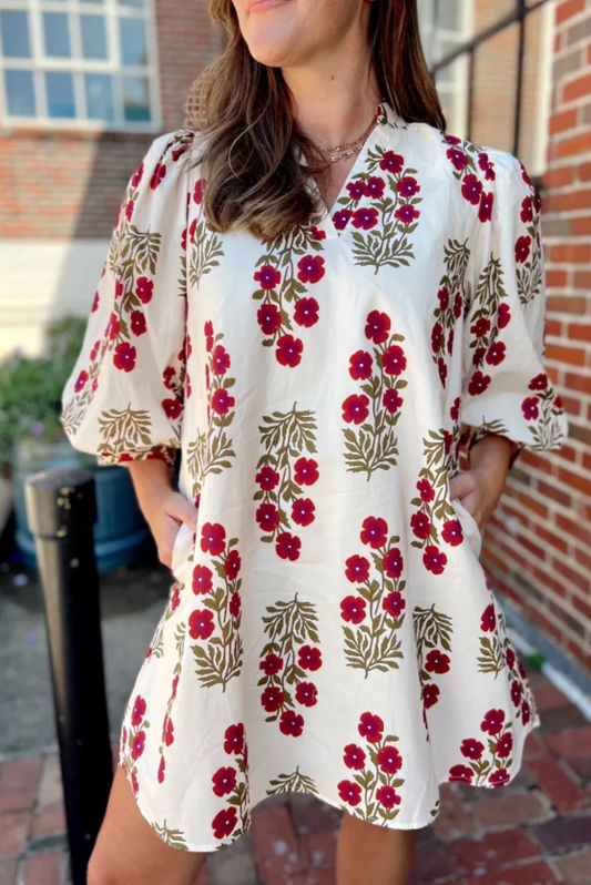 White Floral V Neck 3/4 Sleeve Dress