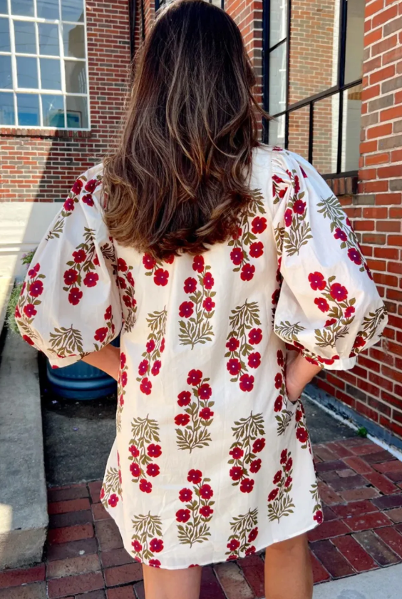 White Floral V Neck 3/4 Sleeve Dress