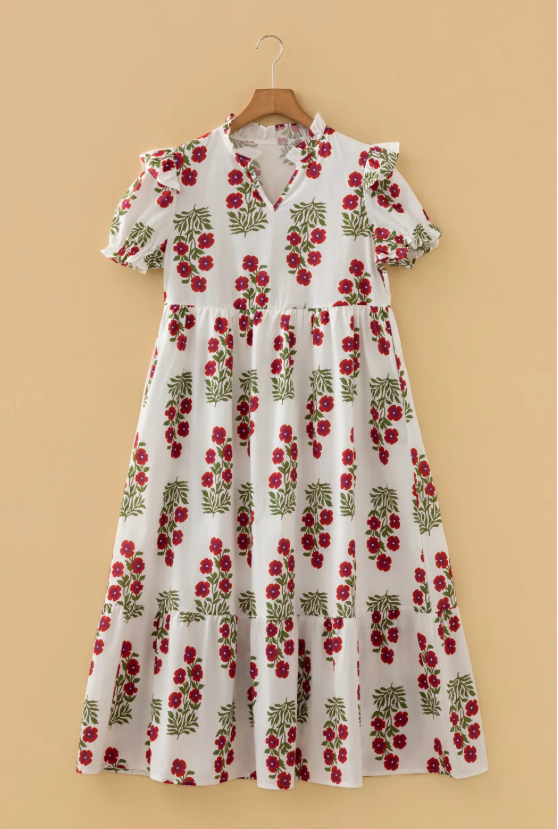 White Floral V Neck 3/4 Sleeve Dress