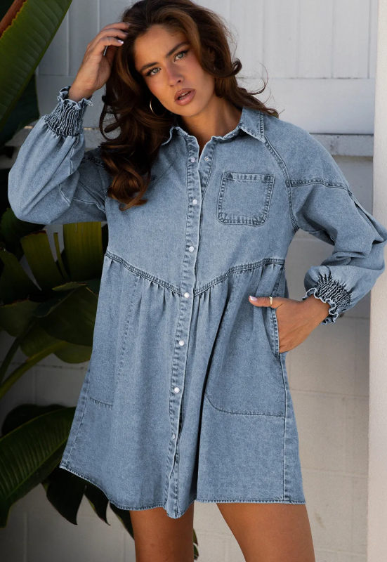 Blue Denim Smocked Cuffed Sleeve Dress