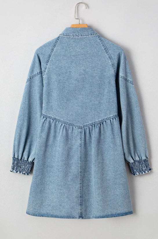 Blue Denim Smocked Cuffed Sleeve Dress