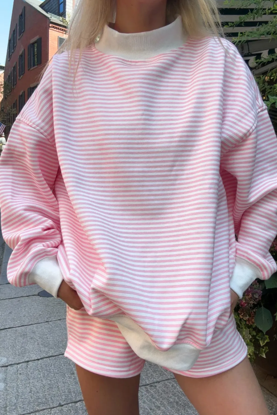 Pink and White Striped Mock Neck Set