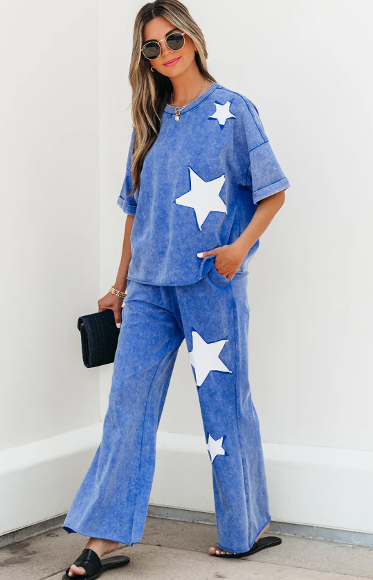 Acid Wash Star Patched Pants Set