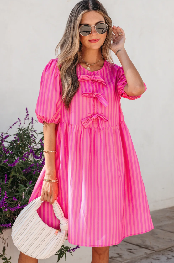 PINK STRIPED DRESS WITH BOWS