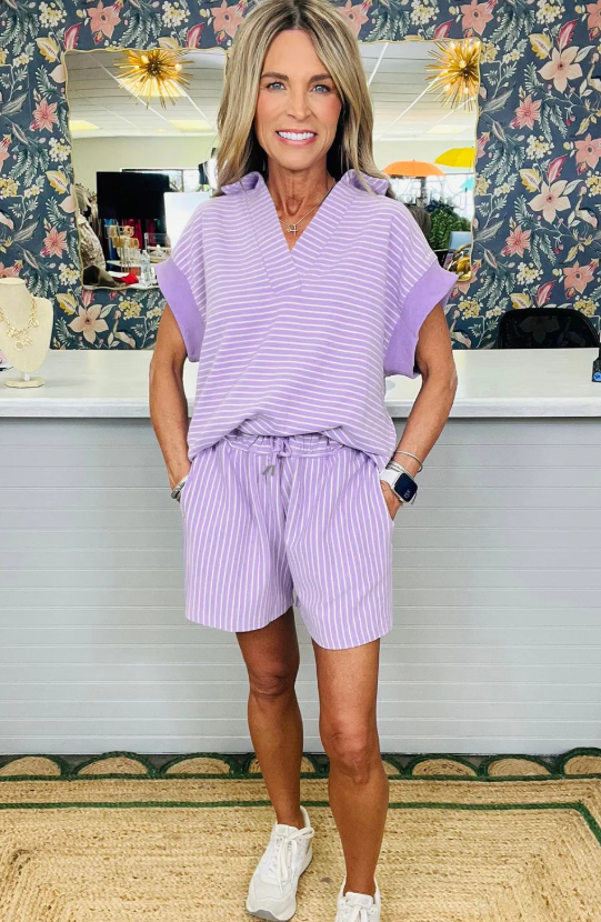 **TWO COLORS**STRIPED V NECK COLLARED SET (IN:834)