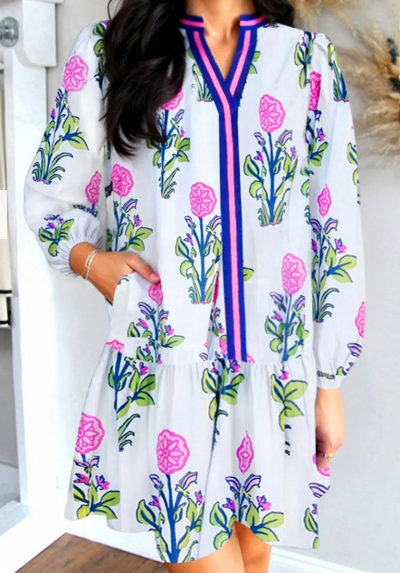 White Floral Print Contrast Striped Neck Long Sleeve Dress