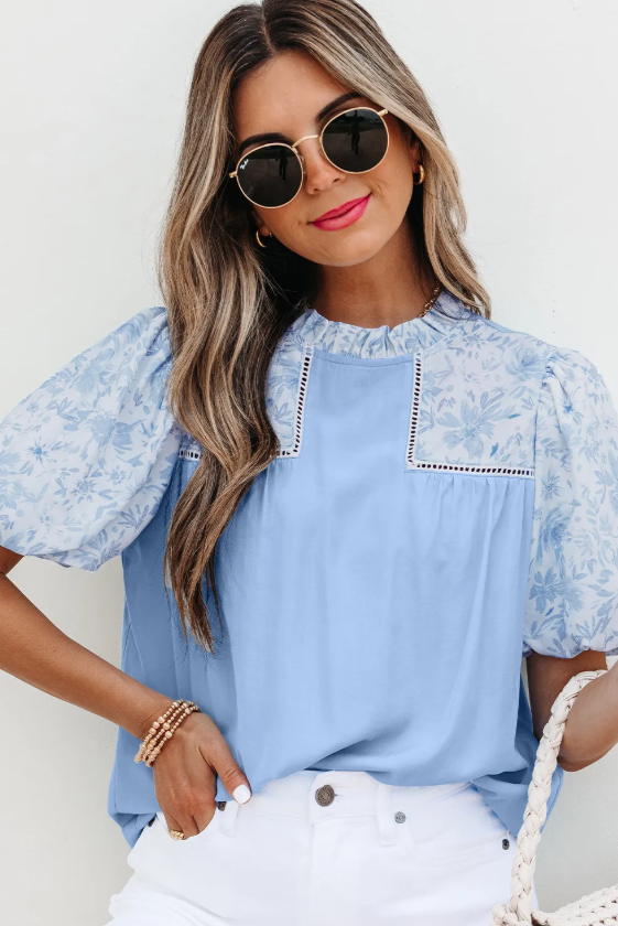 Beau Blue Lace Insert Floral Puff Sleeve Top