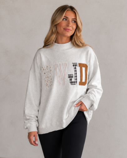 EMBROIDERED WWJD MIXED PATTERN PATCH MOCK NECK (IN:1115)