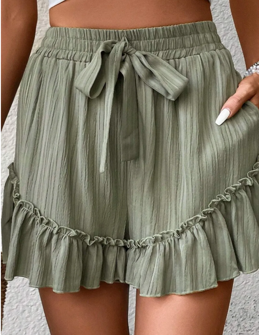 Textured Green Ruffle Shorts (IN:1162)