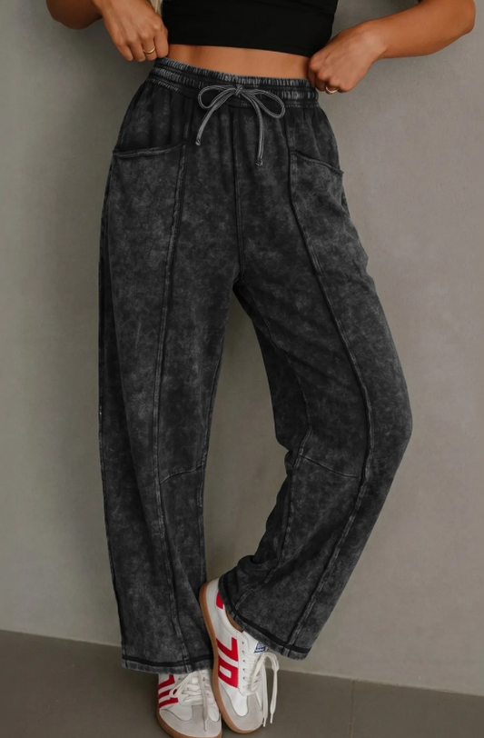 Black Mineral Wash Barrel Pants (IN:1188)