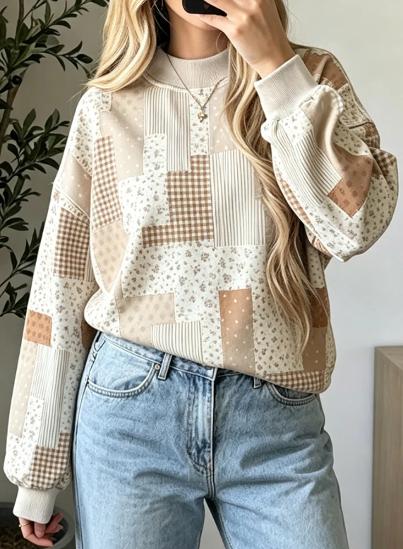Khaki Patchwork Mock Neck (IN:1192)
