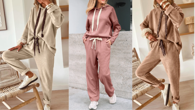 THREE COLORS: Corduroy Drawstring Hooded Jacket with Pants (Set)