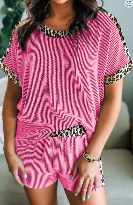 RIBBED SHORT SLEEVE SET WITH LEOPARD TRIM (IN:810)